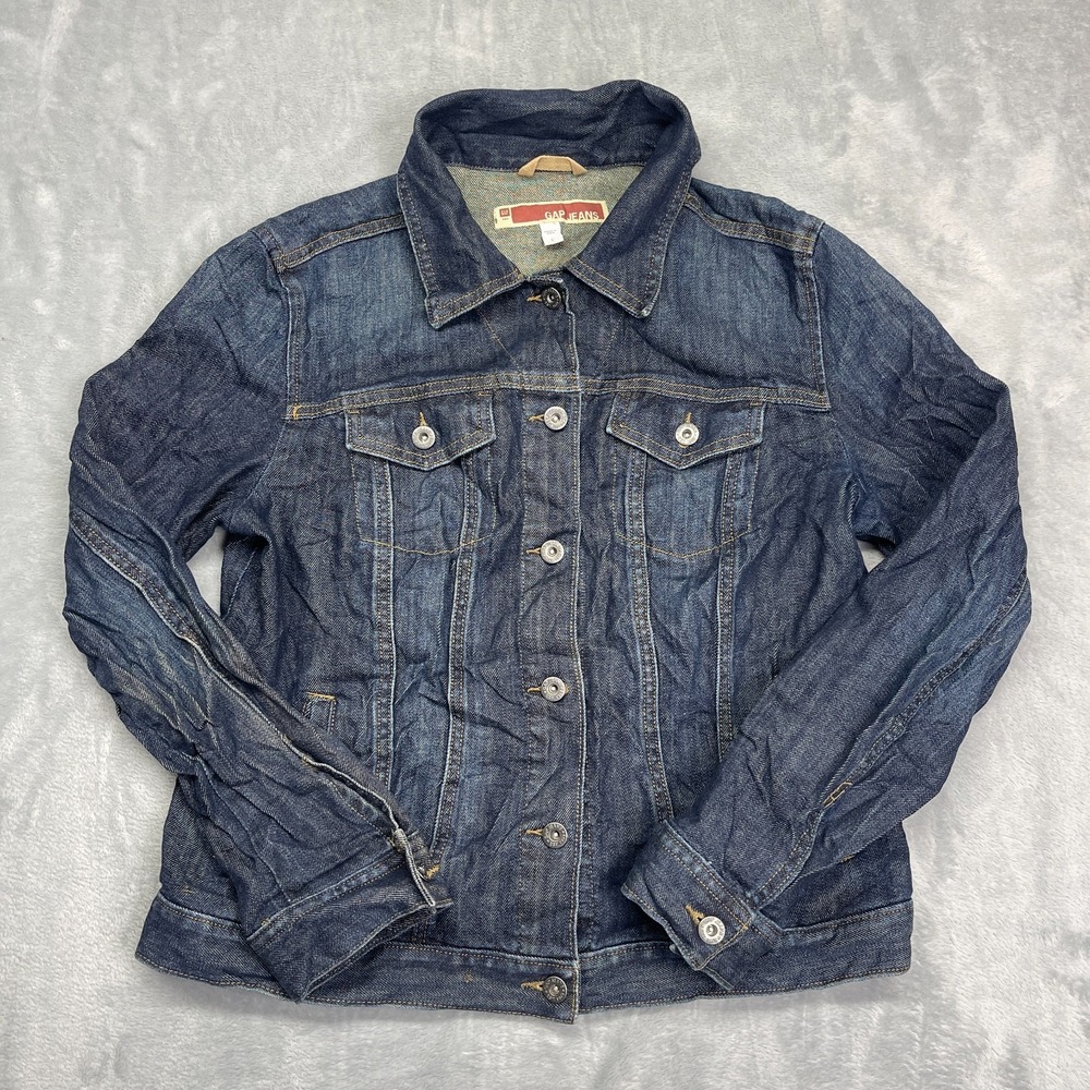 Gap Jean Trucker Jacket Womens L Blue Indigo Dark Wash‎ Long Sleeve Button-Front